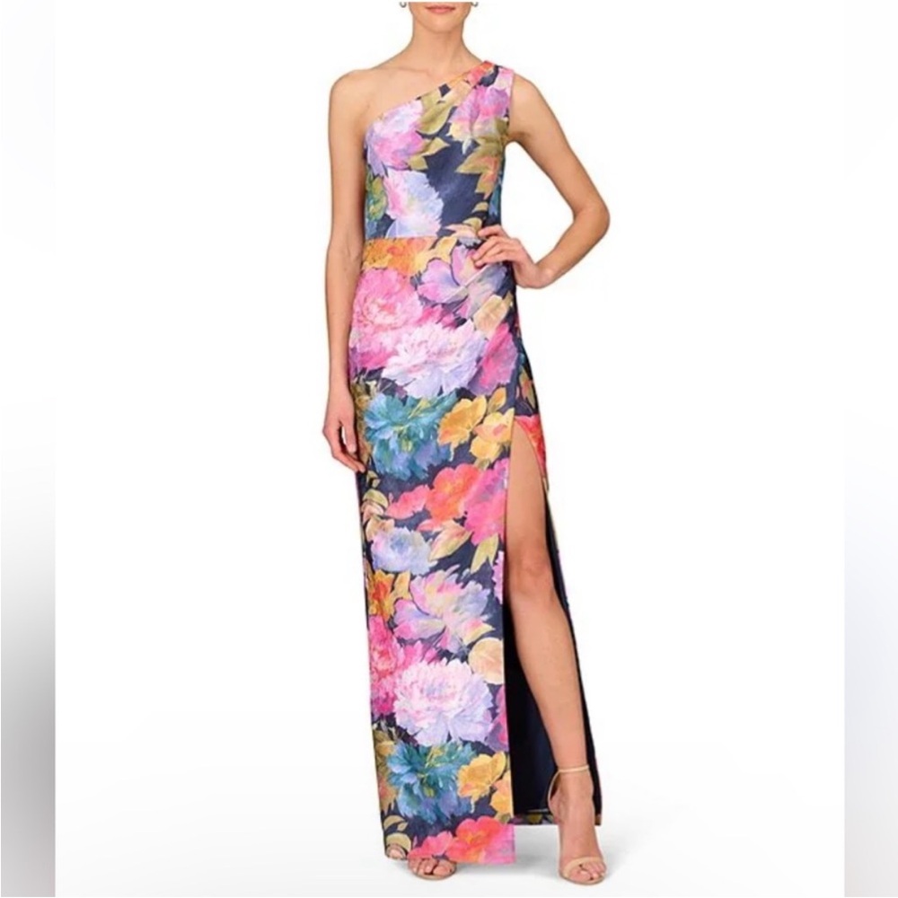 Aidan Mattox One-Shoulder Floral Maxi Gown Watercolor Dress Slit 18 Plus
